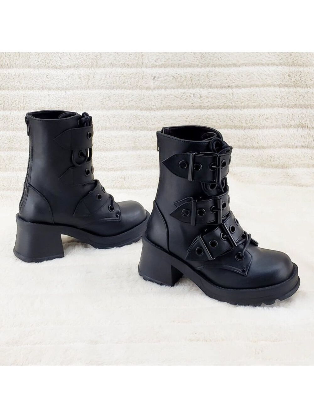 Bratty Goth 3 Big Buckle Strap Block Heel Combat Ankle Boots Punk Rock - Picture 5 of 15